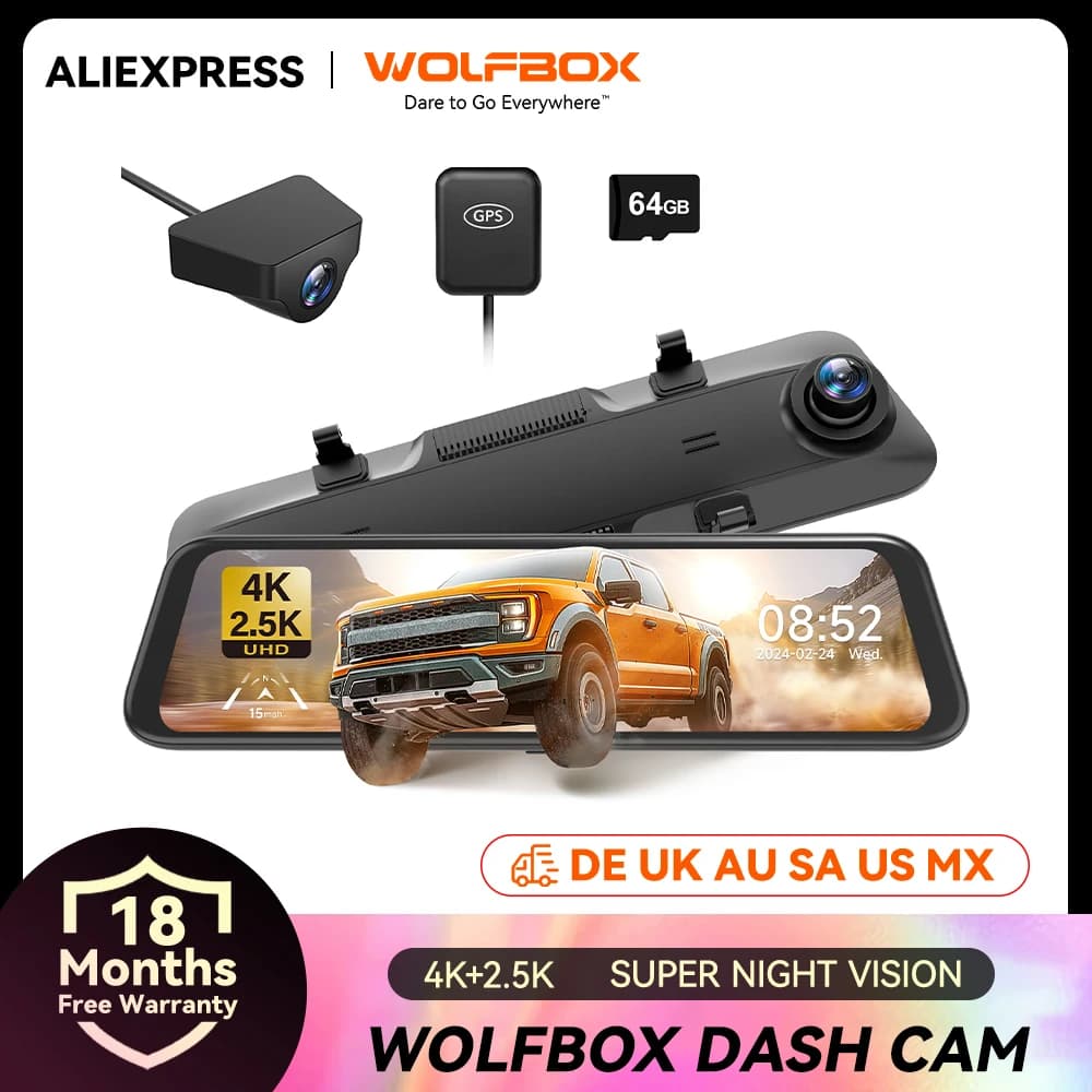 WOLFBOX G900 Dash Cam 4K+2.5K with IPS 12', WDR, FOV 170°, Rear Camera, GPS, Mirror Auto Recorder with Multimedia Streaming