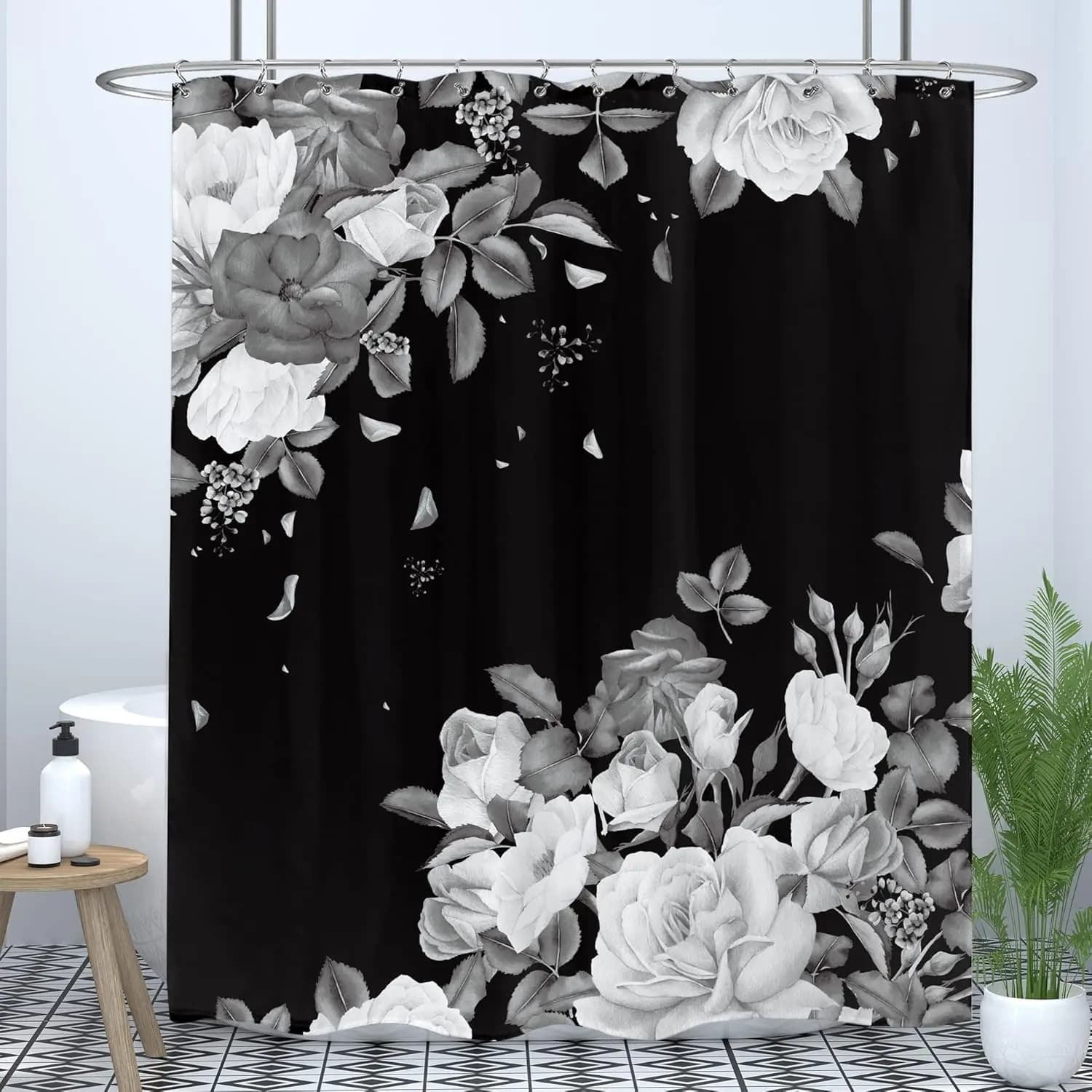 Tenda da doccia floreale nera Tenda da doccia decorativa per vasca da bagno per la casa in tessuto impermeabile moderno unico con fiore bianco grigio rosa