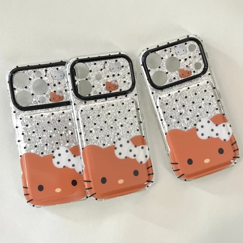 Korean Silver Black Polka Dot Avatar Hello Kitty Phone Case for IPhone 15 16 17 Pro Max Lens Case Shockproof