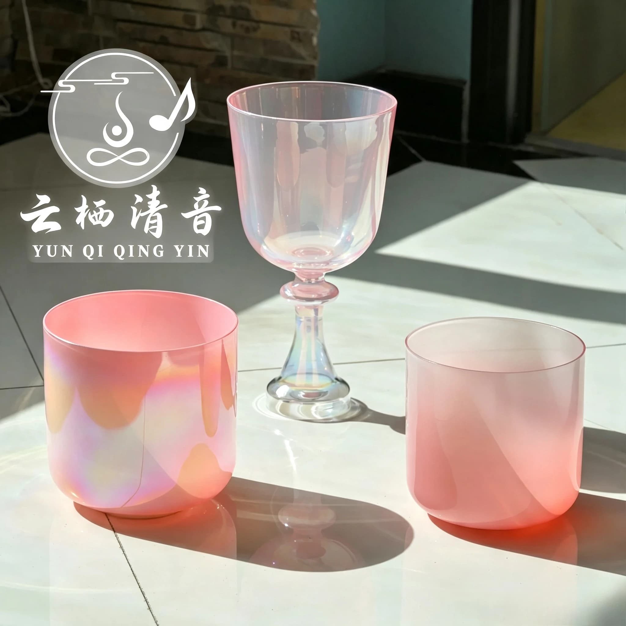 Yunqiqingyin Pink Gradient Holy Grail Crystal Singing Bowl Yoga Meditation Healing Symphony Crystal Musical Bowl