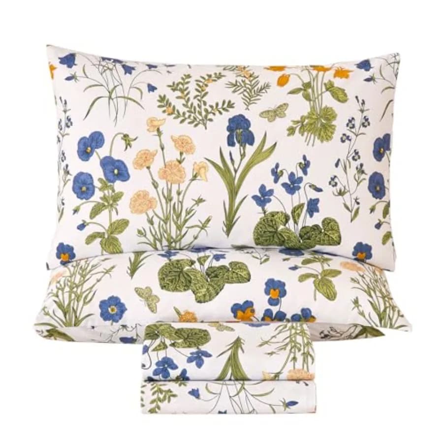 Set di Lenzuola Floreali in 100% Cotone Percalle, Giallo con Stampa Floreale, Morbide e Traspiranti, Motivo a Foglie, Set da Letto Botanico