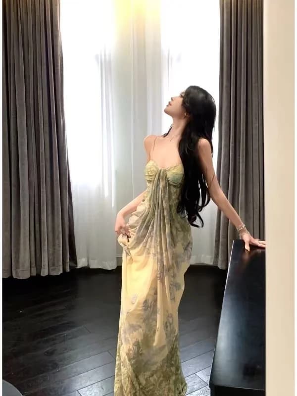 Sanya Island Beautiful Beach Print Strapless Dress Women Summer Vacation Beach Green Floral Long Dress Casual Holiday Style