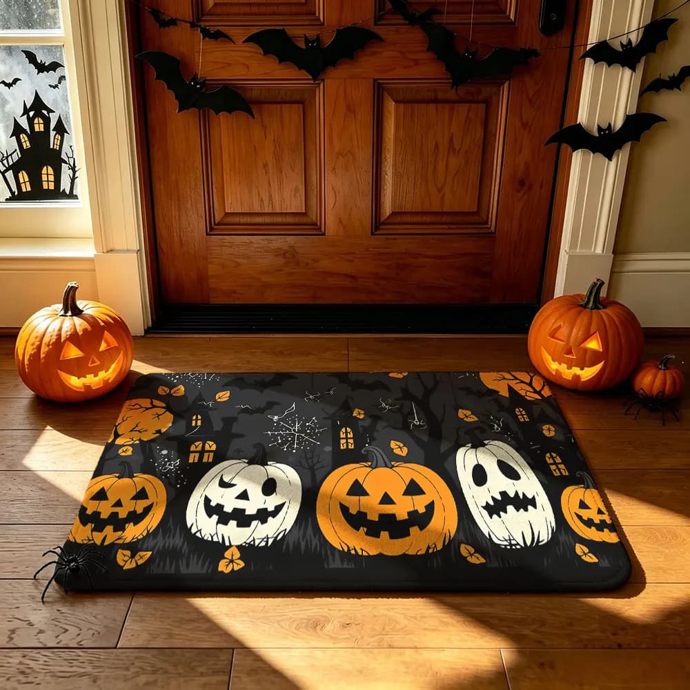 Home entrance water-absorbing floor mat with Halloween pumpkin lantern bat castle patterns suitable for home decoration