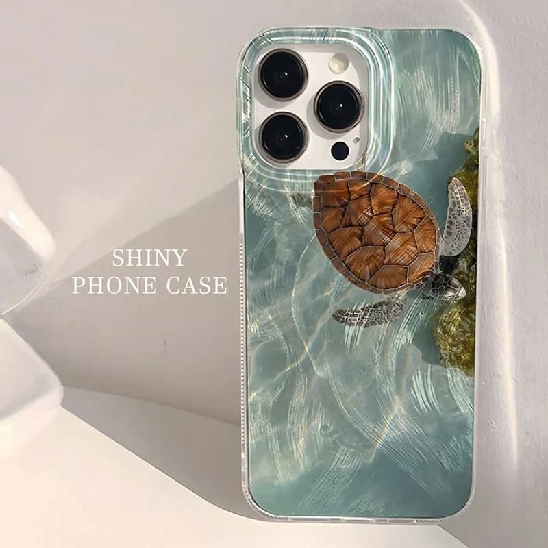 Phone Case for iPhone 16 15 14 13 12 11 Pro 16E 15Pro 16Pro Max XS Max XR SE 2 7 8 Plus Cool Turtle Seaside Pattern IMD Cover