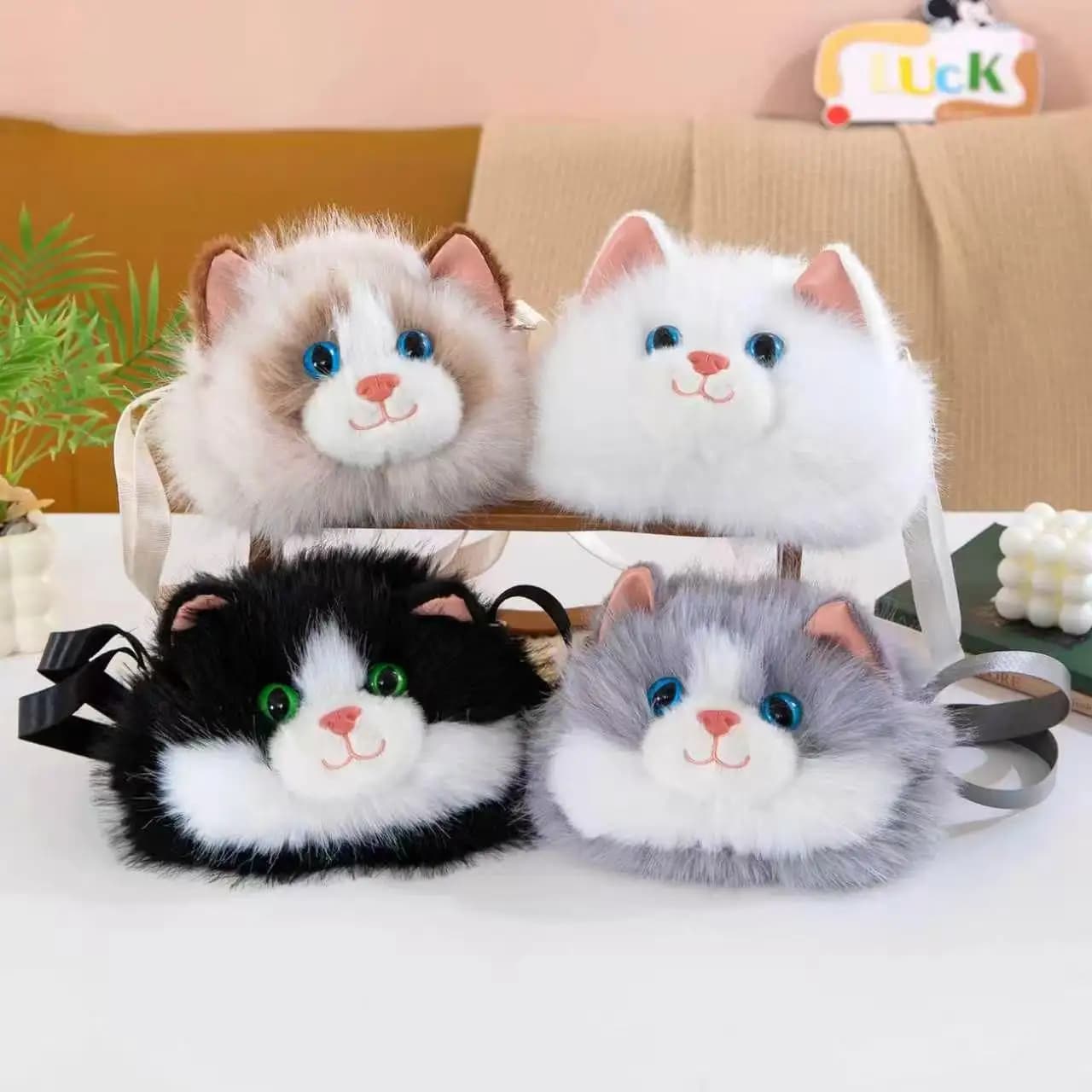 Kawaii Ragdoll Cat Head Shoulder Bag Simulation Plush Stuffed Animals Pet Kitten Head Crossbody Bag Cute Decor Bag Xmas Gifts