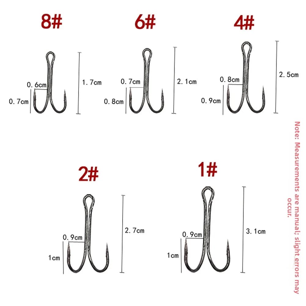 Set di Attrezzatura da Pesca con Doppio Amo, 50 Pezzi in Acciaio ad Alto Tenore di Carbonio, Misure Assortite 1 # 2 # 4 # 6 # 8 # Confezione in Scatola con Finitura Argentata Sottile e Appuntita