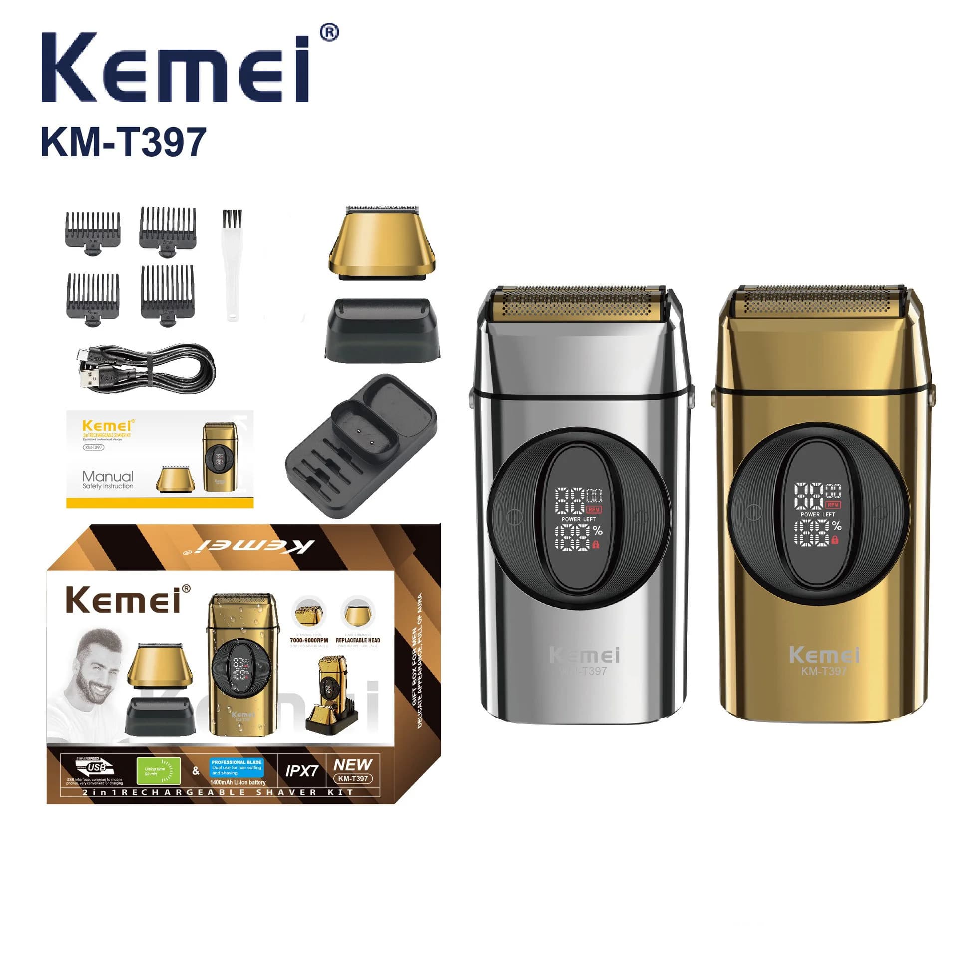 Kemei T397 2 in 1 Regulabarba e Tagliacapelli Combo IPX7, 10000RPM Metal Electric Razor for Men