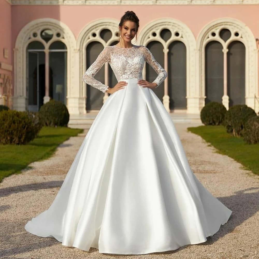Stylish satin dress custom lace dance dress with o-neck Wedding dress with long sleeves pleated high quality wedding dresses