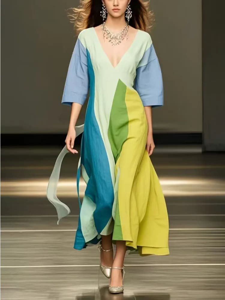 Freeacy 2025 Abito da donna con scollo a V profondo mezze maniche a vita alta A-line abito da festa pieghettato abiti midi casual a contrasto di colore