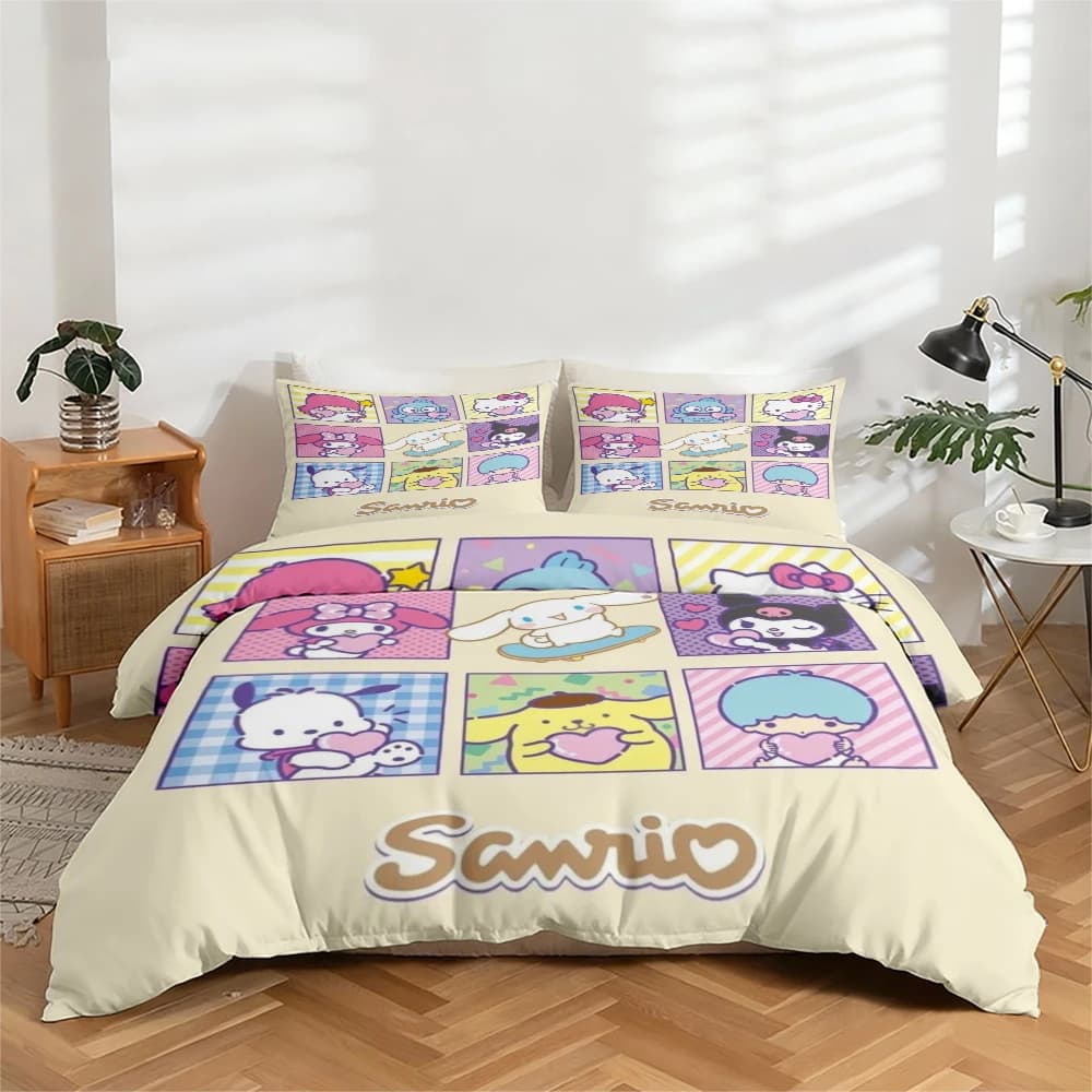 Digitally high-definition printed sheets set in 3 pieces, Sanrio cartoon pattern, set with large floral print, includes 1 sheet with corners + 2 pillowcase, suitable for bedroom, guest room, home decoration, sheet with polyester fibre corners + pillowcase, ultra soft bed linen, thick fabric, comfortable for all seasons, washing machine.