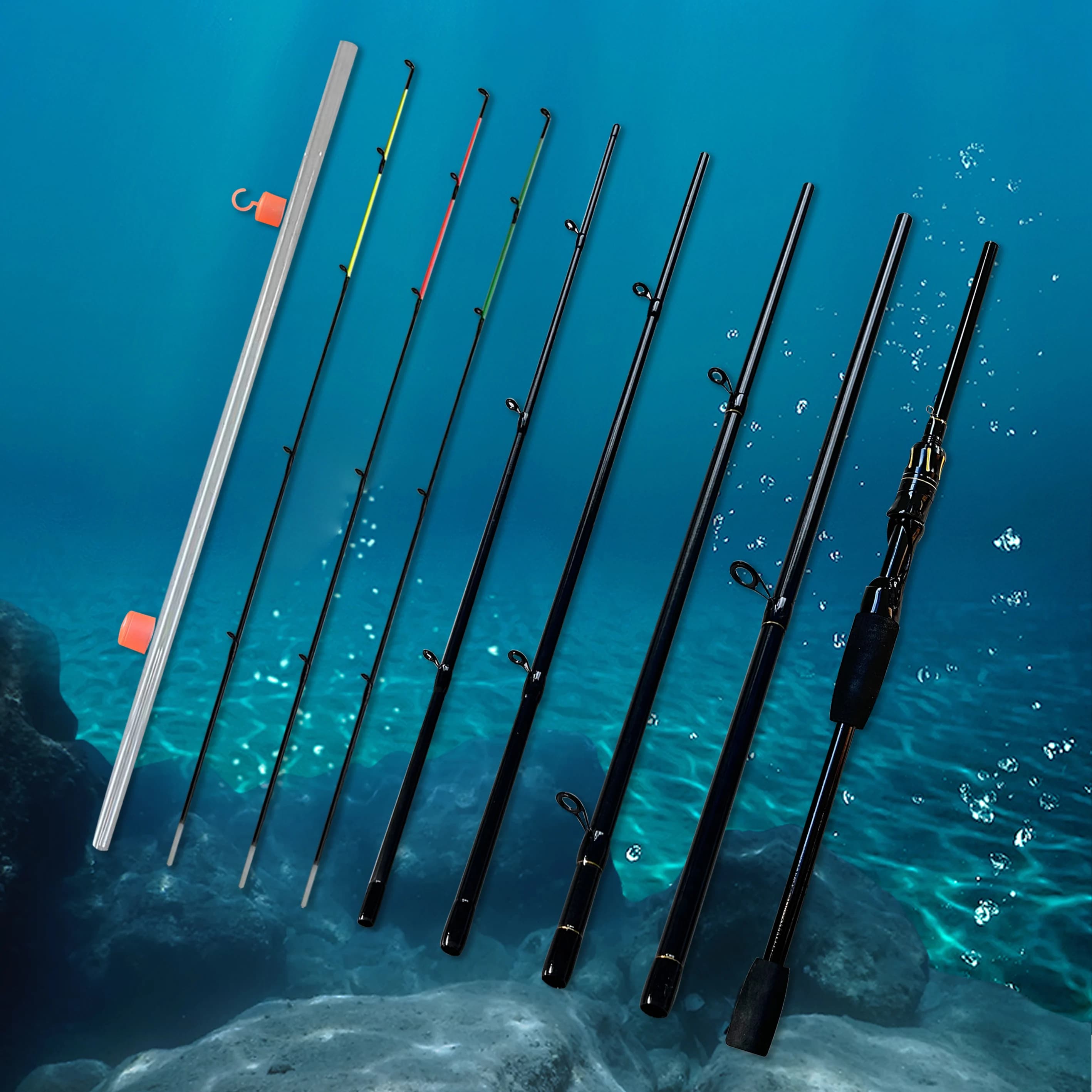 Fishing rod with world popular fishing style feeder, 6-section design for easy transportation, black appearance, paint for piano painting process, equipped with 3 different tone tips, comfortable fishing feeling, ceramic guide ring