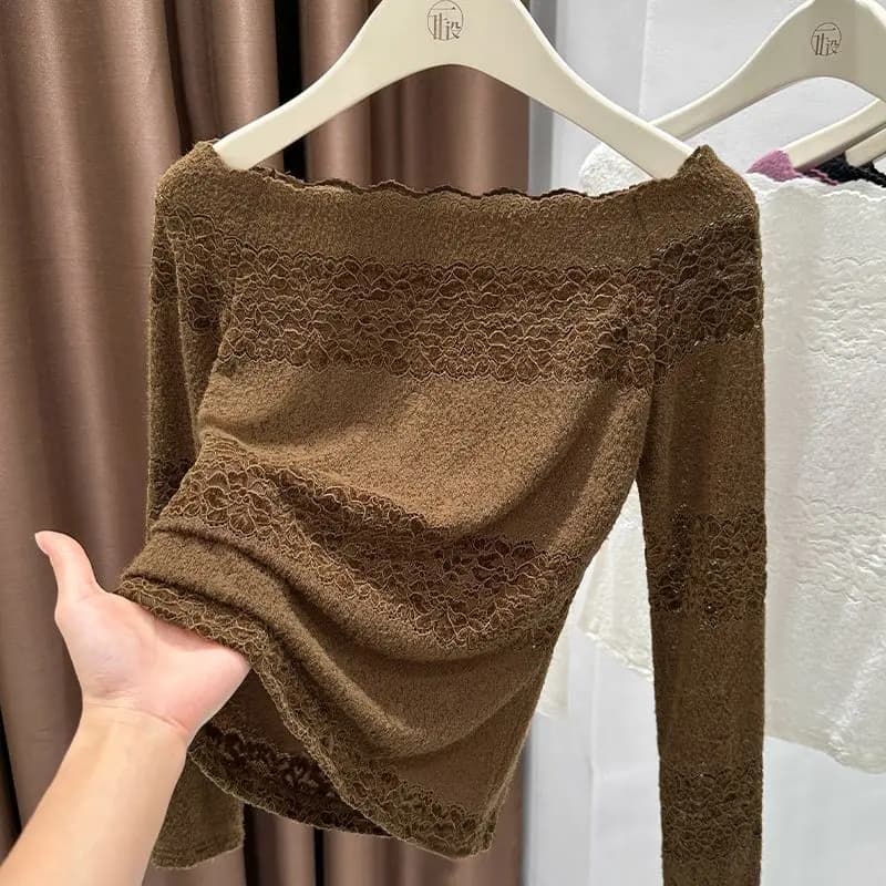 Maglietta Sexy a Maniche Lunghe in Pizzo, Top Stile Sirena da Donna, Abbigliamento Interno per Autunno e Inverno, T-Shirt alla Moda dal Design Seducente