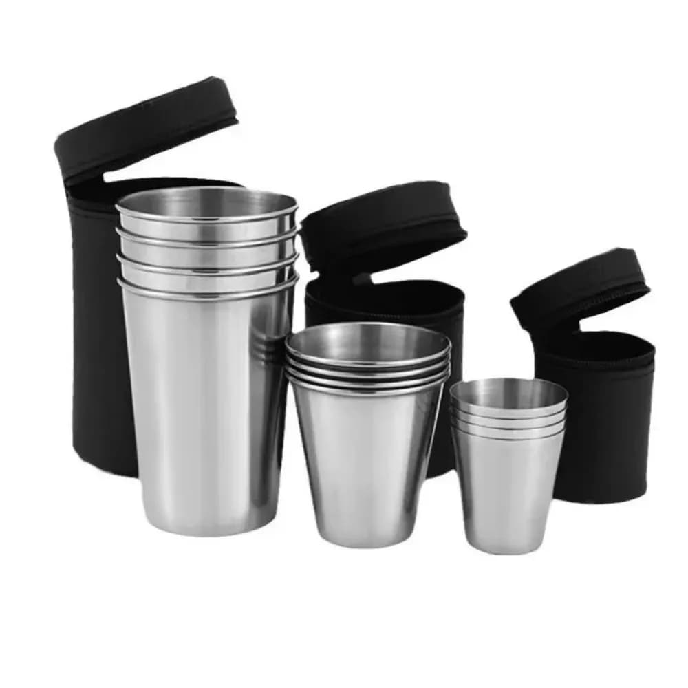 Set di 4 Bicchieri da Campeggio in Acciaio Inox 2025, 30ml/70ml/170ml, Mini Bicchieri per Whisky e Vino con Custodia, Bicchieri da Birra