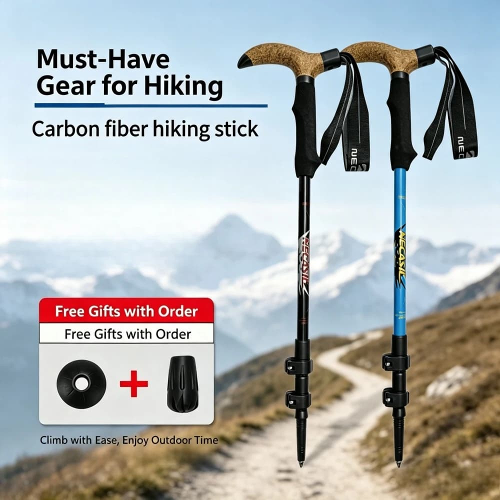 Carbon Fiber Ultra-light Telescopic Folding T-shaped Outdoor Hiking Camping Shockproof Hiking Poles Non-slip Walking Poles