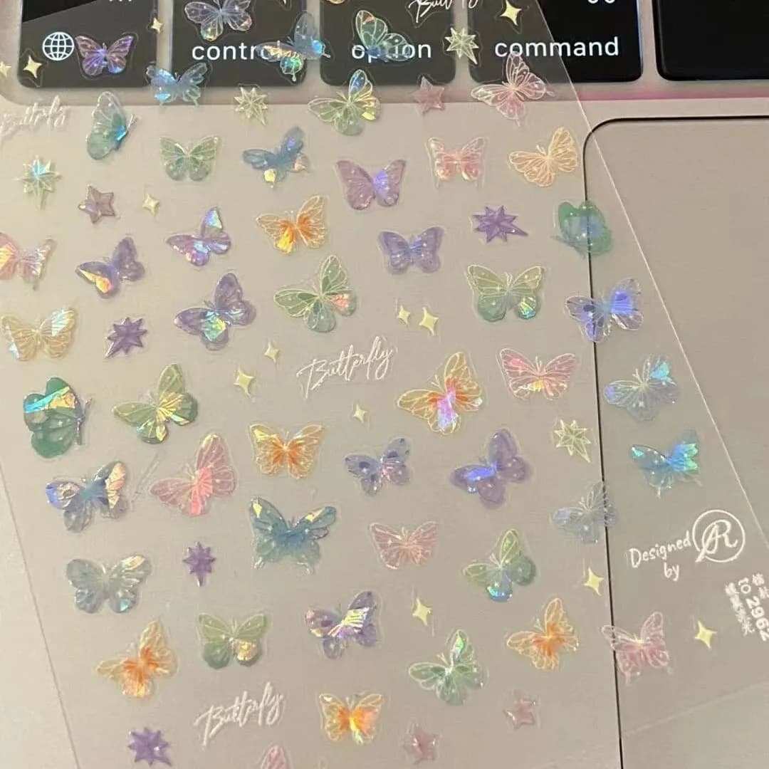2pz/10pz Adesivi per Unghie con Ali di Farfalla alla Moda, Adesivi Laser con Effetto Rilievo, Adesivi Colorati per Nail Art con Farfalle e Fate