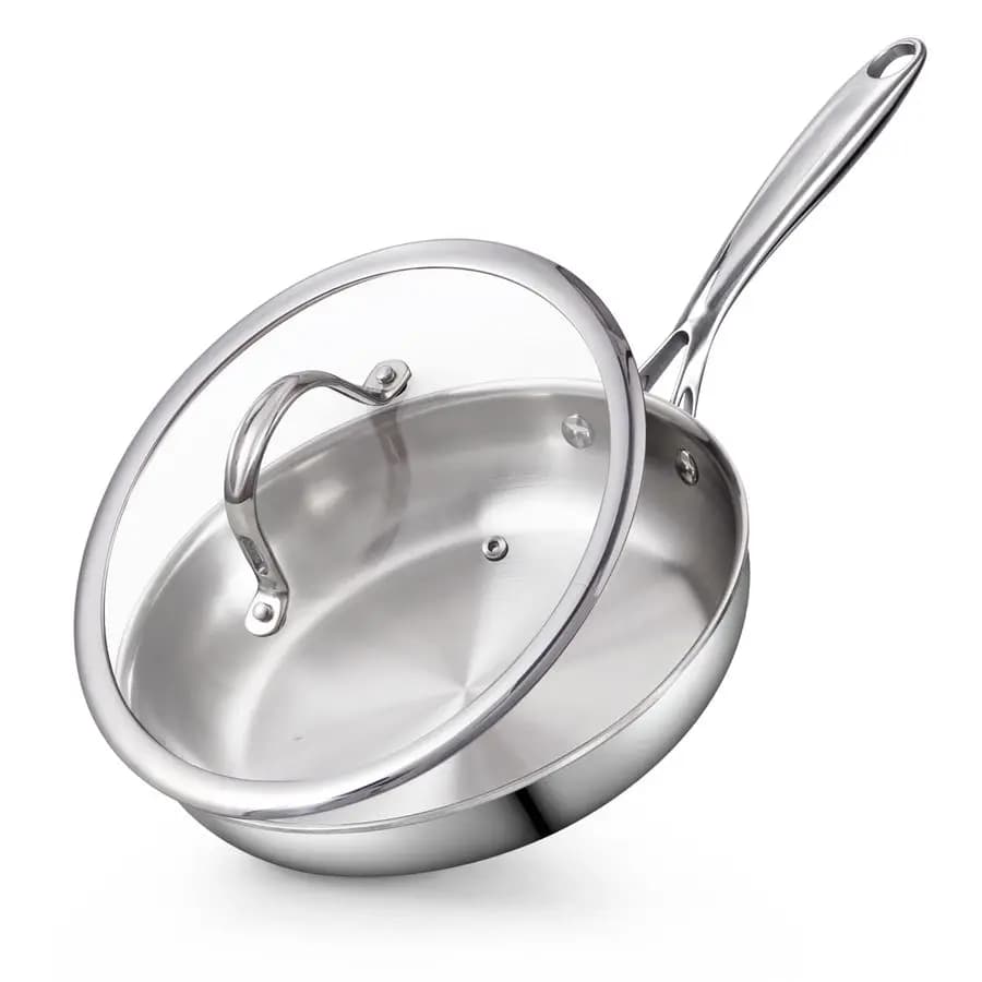 Stainless steel pan with lid, Wok 8-inch Multilayer for Jumping in the pan, Kitchen pan, Silver