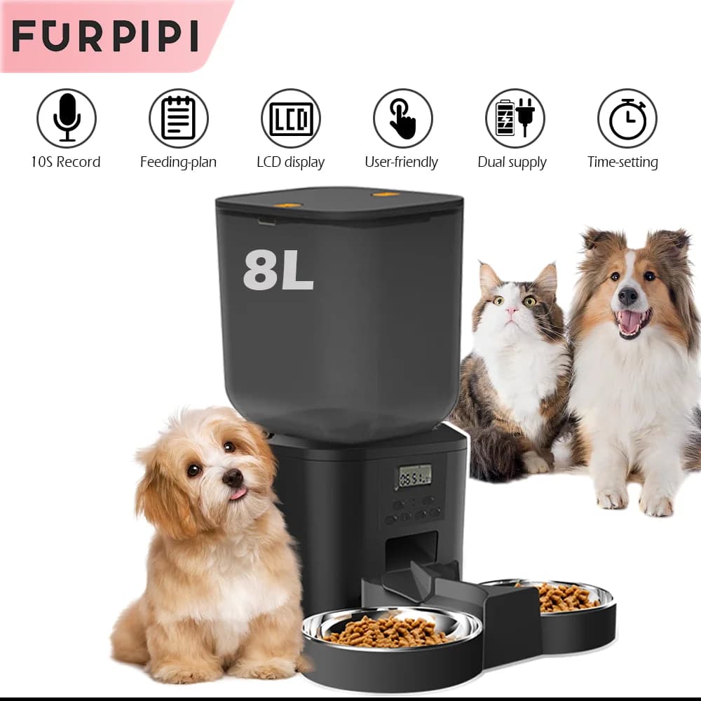FURPIPI Smart 8L Automatic Pet Feeder with Timer USB & Battery Powered Slow Feed Dispenser for Cats and Dogs No Plug Included