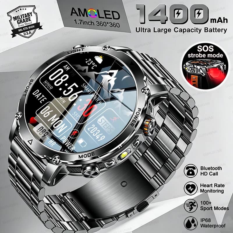 Nuovo Smartwatch Militare con Batteria Grande da 1400mAh, GPS, Torcia, Impermeabile IP68, Chiamate Bluetooth, per Uomo e Attività Sportive all'Aperto