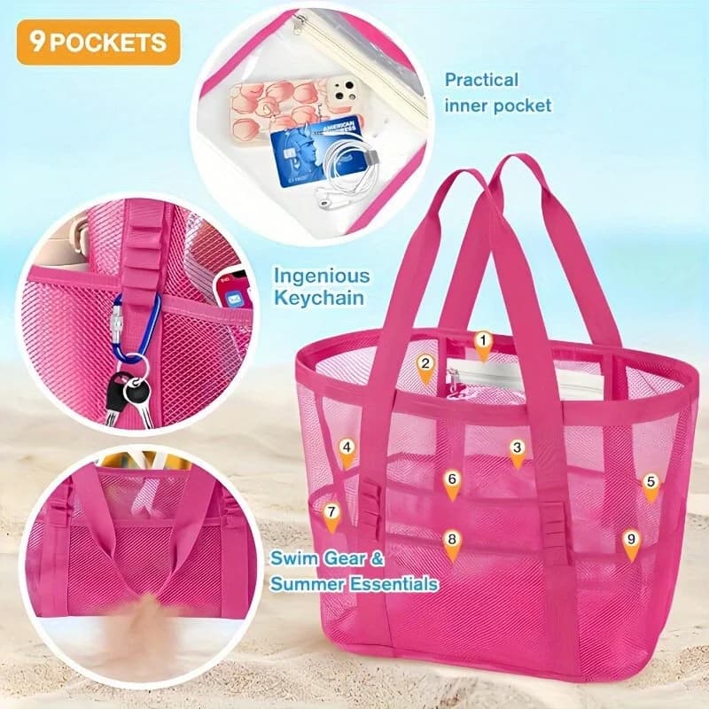 Borse da Spiaggia Antisabbia in Rete, Borsa da Viaggio per Piscina e Spiaggia con Tasche Multiple, Borsa Familiare per Oggetti Essenziali in Vacanza