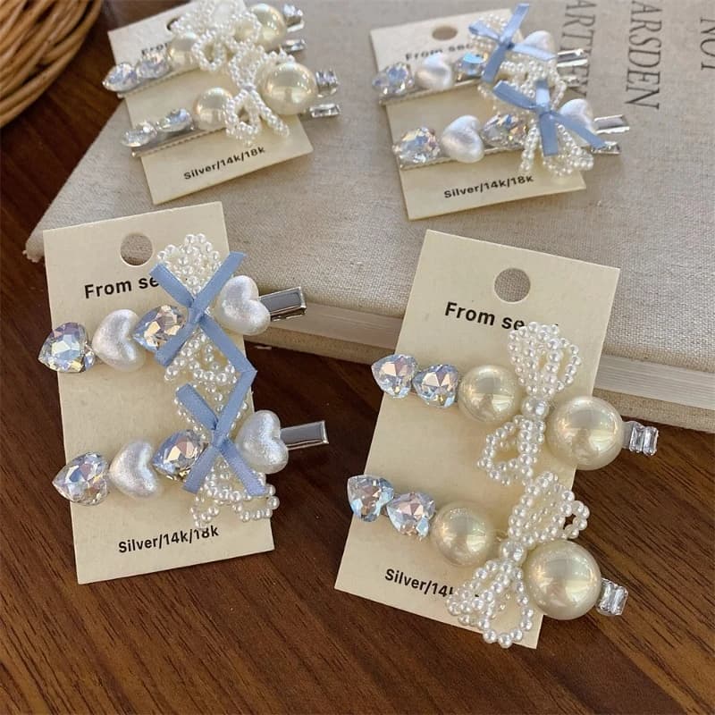 2 Pezzi Fermagli per Capelli Delicati con Perle e Cristalli, Stile Fatato, Clip Laterali per Donna, Accessori per Capelli per Uso Quotidiano e Appuntamenti, Dolci Fiocchi per Capelli per Ragazze