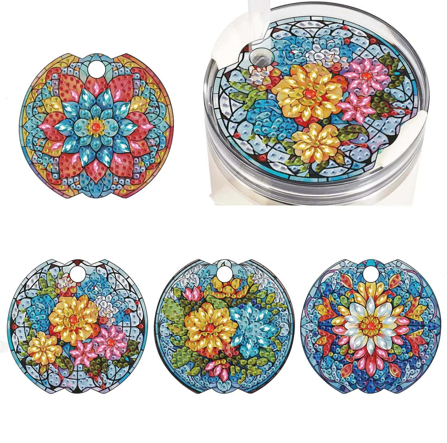 Set di 4 decorazioni per coperchi di tazze con pittura diamantata, toppa per coperchio di tazza con fiore Mandala, set di decorazioni fai da te da 3,54 pollici