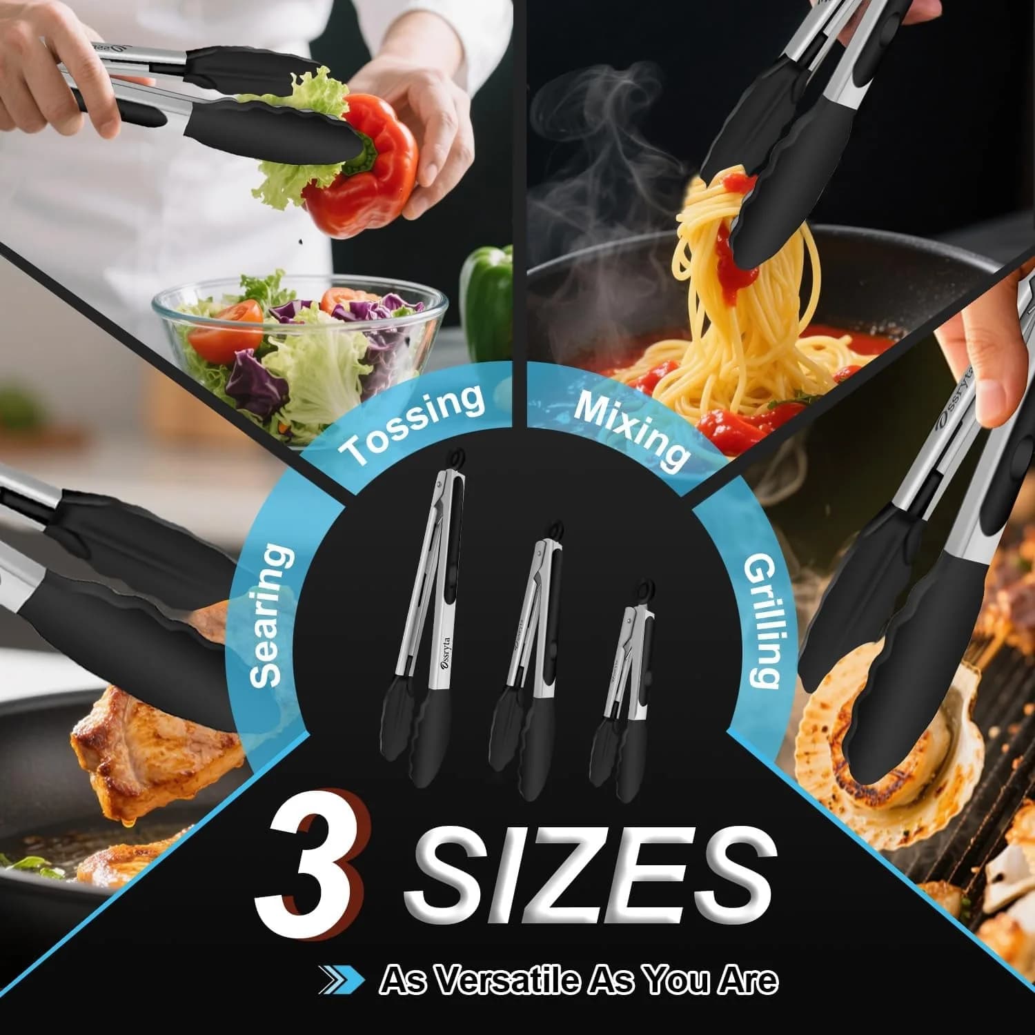 3 Pack Black Silicone Food Tongs, 3 Sizes 7 9 12 Inch Heat Resistant Kitchen Clips, Non-Slip Grip for BBQ, Air Fryer, Grilling & Salad