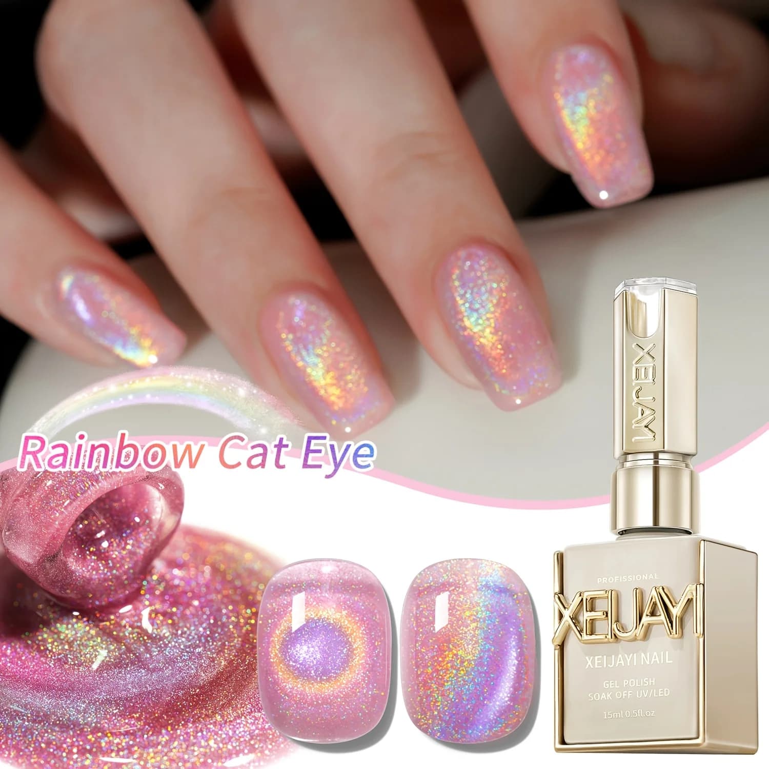 Smalto per unghie gel Rainbow Cat's Eye da 15 ml, polimerizzazione UV LED, gel per nail art ad asciugatura rapida a lunga effetto - regalo ideale per le donne Per la primavera