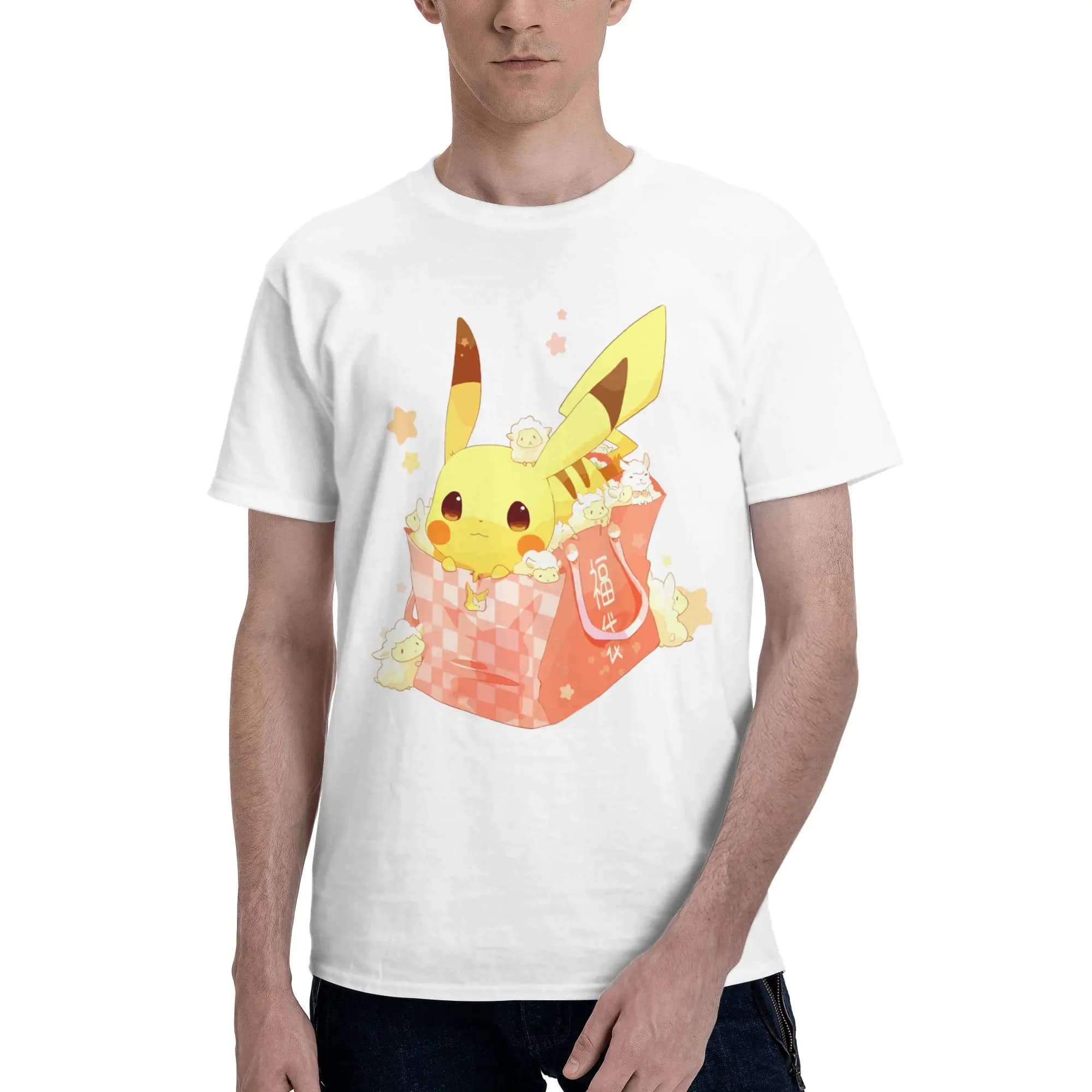 T-shirt da uomo Anime Pokemon, abbigliamento Pikachu, magliette divertenti a maniche corte, in puro cotone