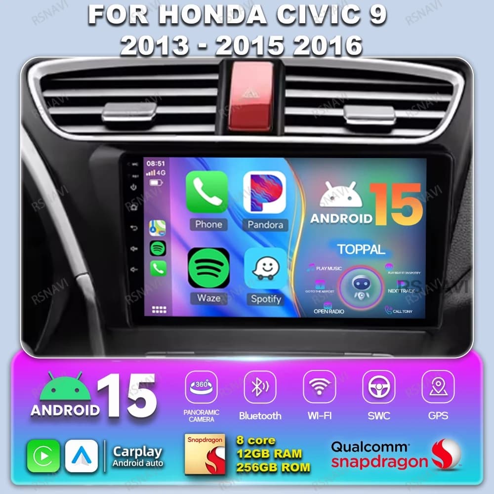 Autoradio Android 15 Autoradio per Honda Civic 9 2013 2014 - 2015 2016 Carplay Qualcomm QLED AUTO AI Voice WIFI + 4G 360 Camera BT
