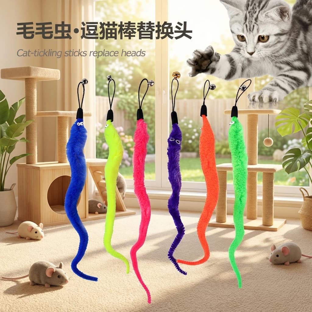 New Bruco Shape Cat Toy with Replaceable Head, Interactive Tie with Feather, Fishing Rod for Cats, Chewing Game for Dentition