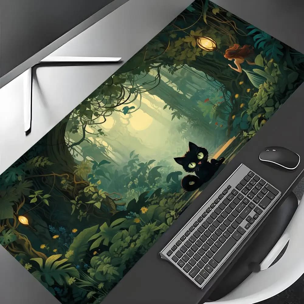 Tappetino esteso Mysterious Forest e Cat Mouse Pad, tappetini da gioco, tappetino da scrivania antiscivolo, tappetino per mouse, bordo cucito, stampa HD, tappetino da ufficio