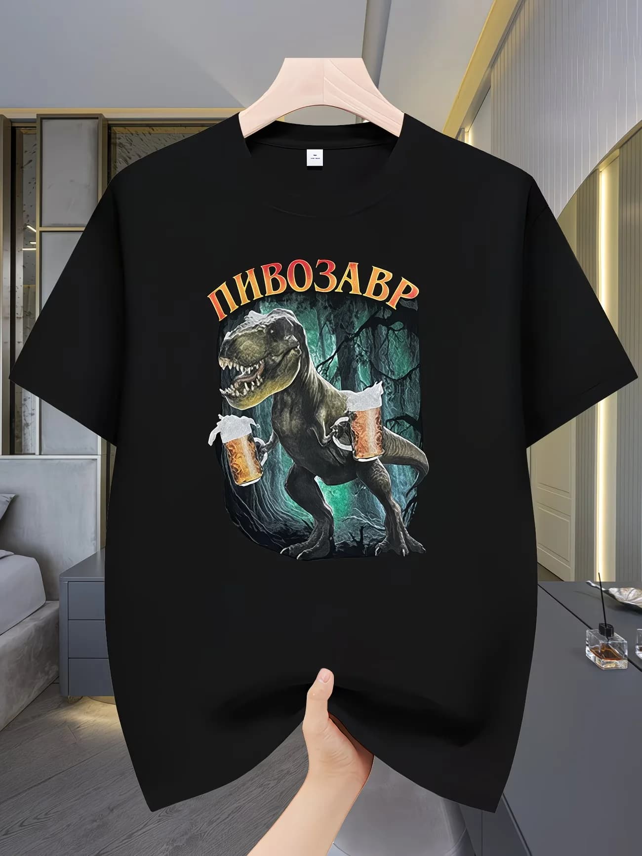 T-shirt con stampa grafica di dinosauri e boccale di birra, in cotone, da donna e da uomo, estivo, primaverile, vintage, Harajuku, oversize, streetwear, girocollo