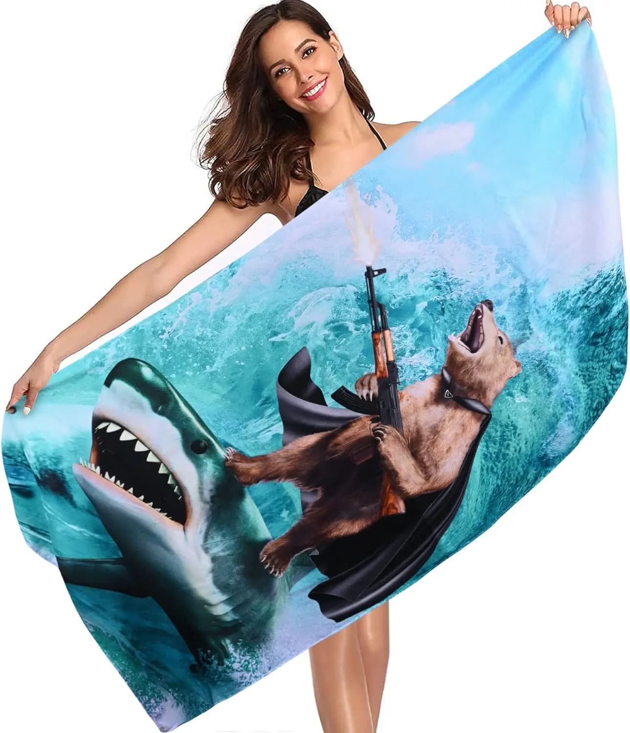 Divertente Asciugamano da Spiaggia con Squalo e Orso, in Microfibra Oversize, Ideale per Bagno, Piscina, Viaggi, Regalo Unico per Uomini, Ragazzi, Adolescenti