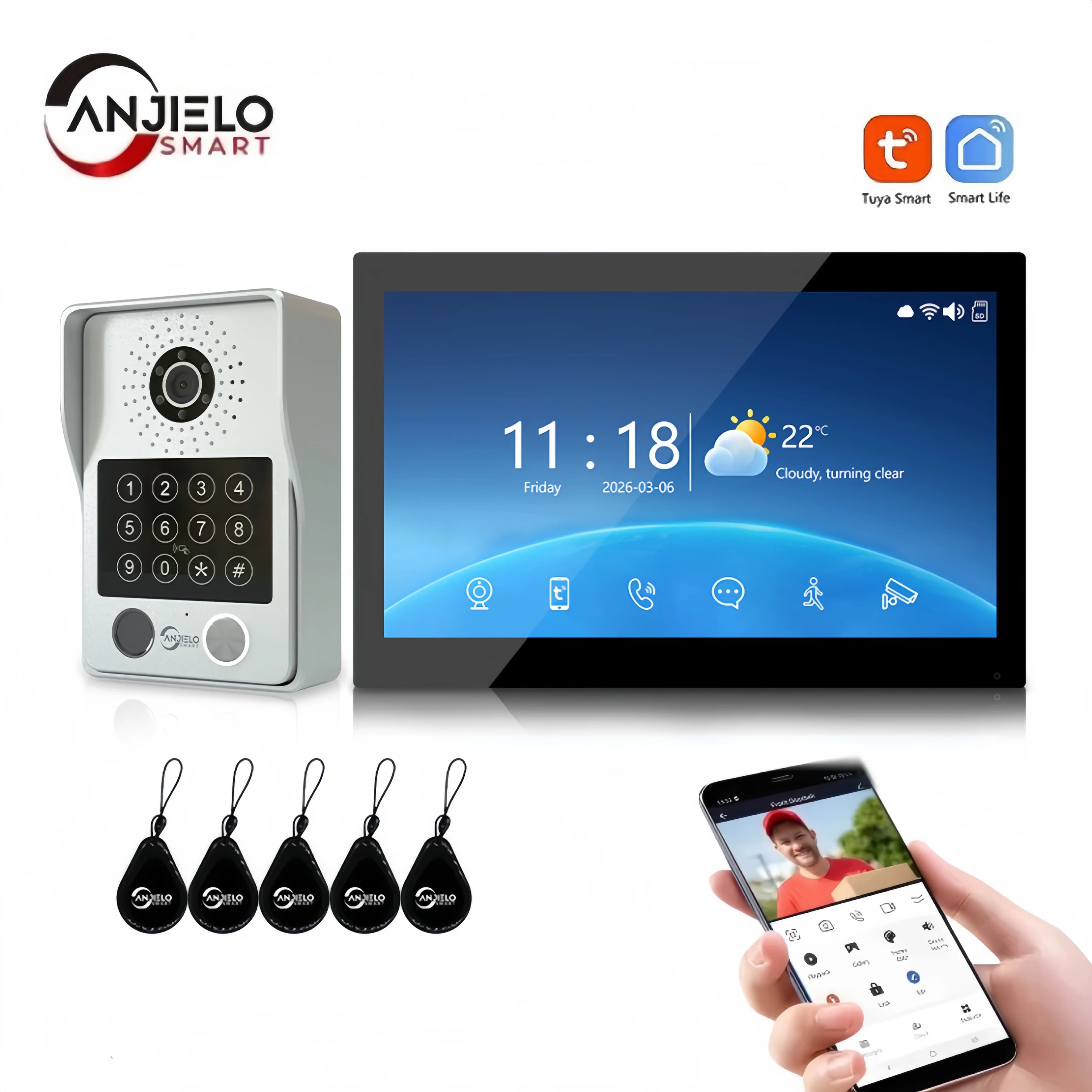 ANJIELO Tuya Videocitofono con Schermo Touch a Colori da 7/10 Pollici 1080P, Campanello WiFi Smart per Casa Intelligente con Protezione di Sicurezza
