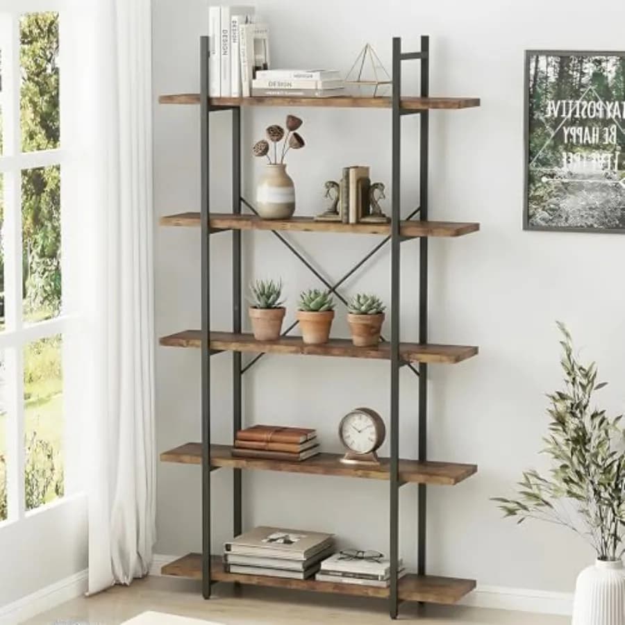 Scaffale a 5 livelli per casa, ufficio e studio: scaffale industriale in legno marrone rustico e metallo con moderno espositore aperto