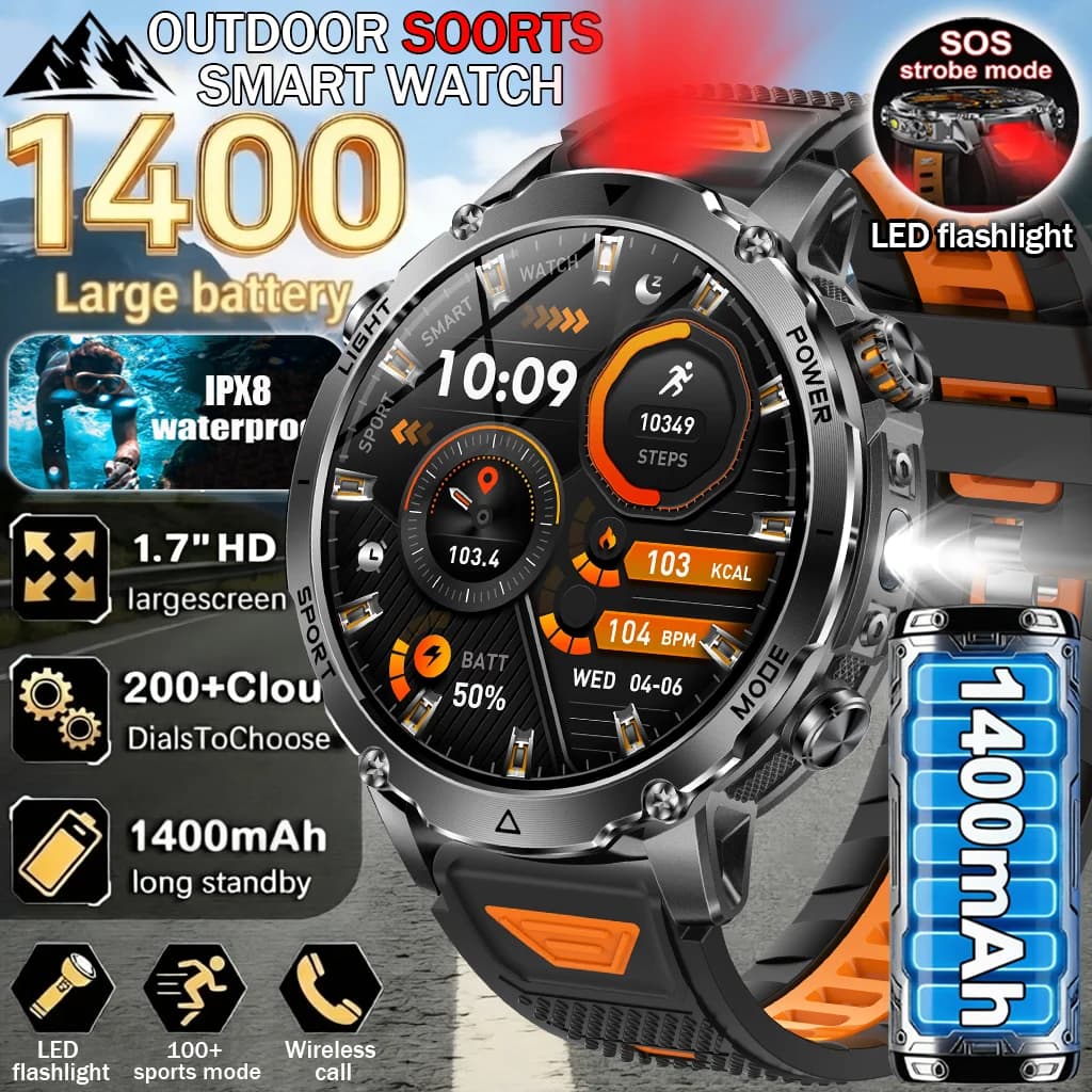 Nuovo Smartwatch Militare Sportivo 2026 da Uomo, Batteria 1400mAh, Schermo 1.7", Torcia Potente, GPS, Impermeabile, Compatibile Android iOS