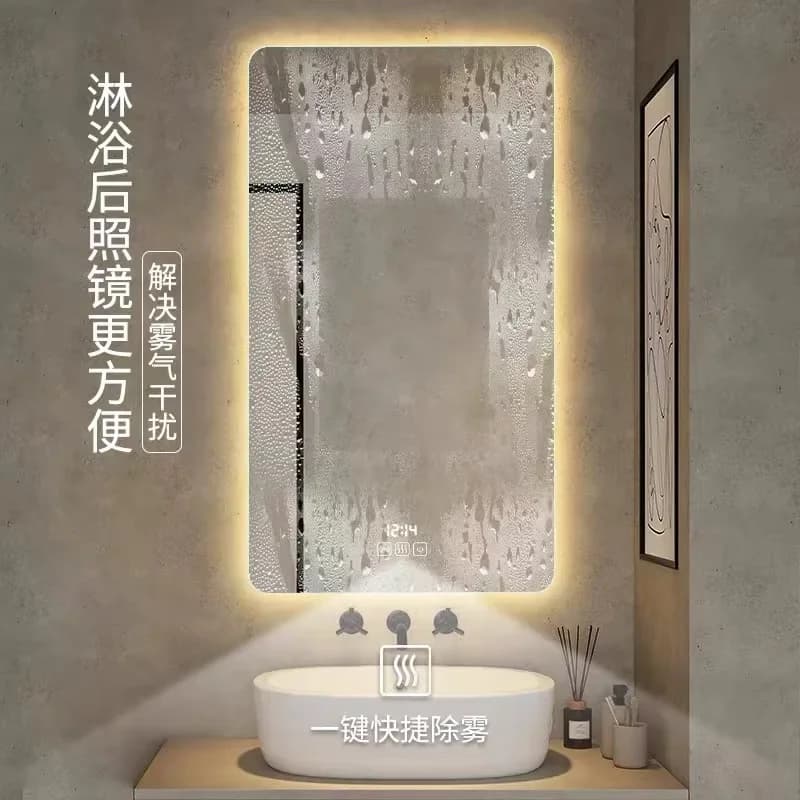 Specchio da bagno LED intelligente di tendenza, quadrato, antiappannamento, con Bluetooth e touch screen, senza cornice, per la casa