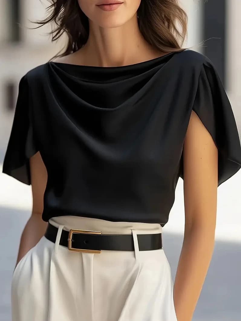 Elegante Camicetta con Colletto Drappeggiato e Maniche a Farfalla per Donne, Top Casual da Ufficio e Formale per Feste