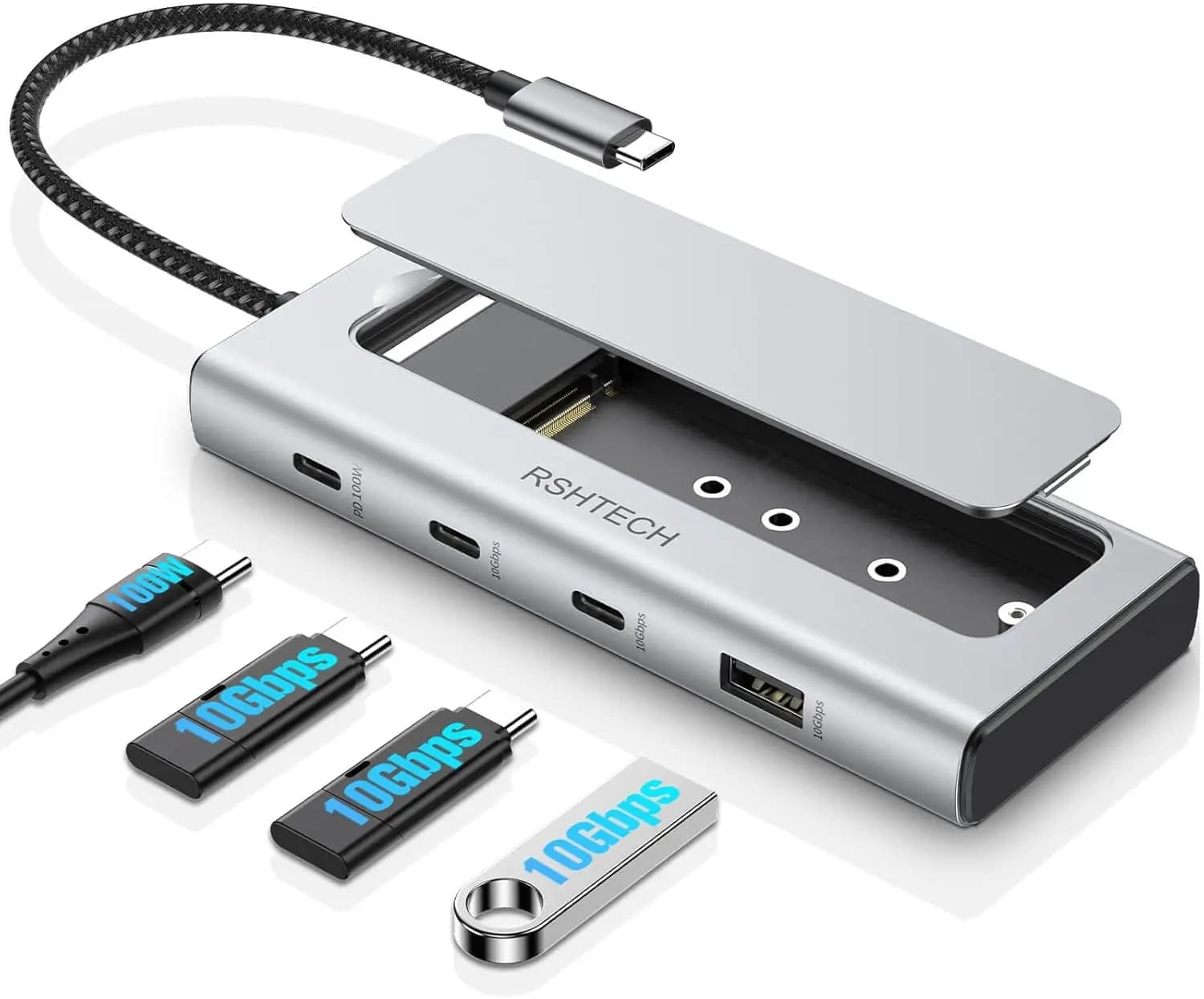 RSHTECH Box Esterno M.2 NVMe/SATA SSD 5-in-1 in Alluminio con Hub USB-C da 10 Gbps, 3 Porte Dati USB 3.2, Power Delivery da 100W e Docking Station SSD M2, Caddy Esterno USB-C a M.2 per Laptop e MacBook