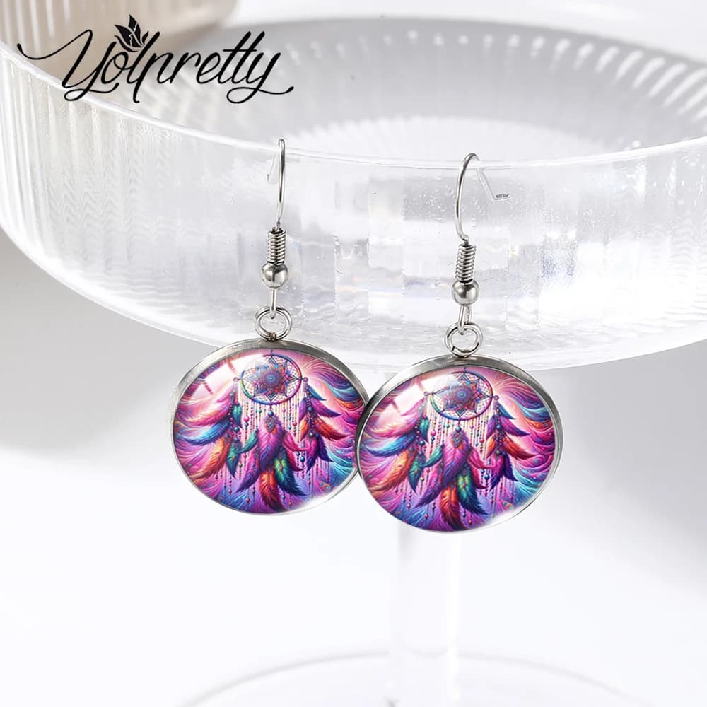 2025 New Fashion Colorful Dreamcatcher Pattern Glass Dome Round Earrings Handcraft Stainless Steel Fish Hook Earrings