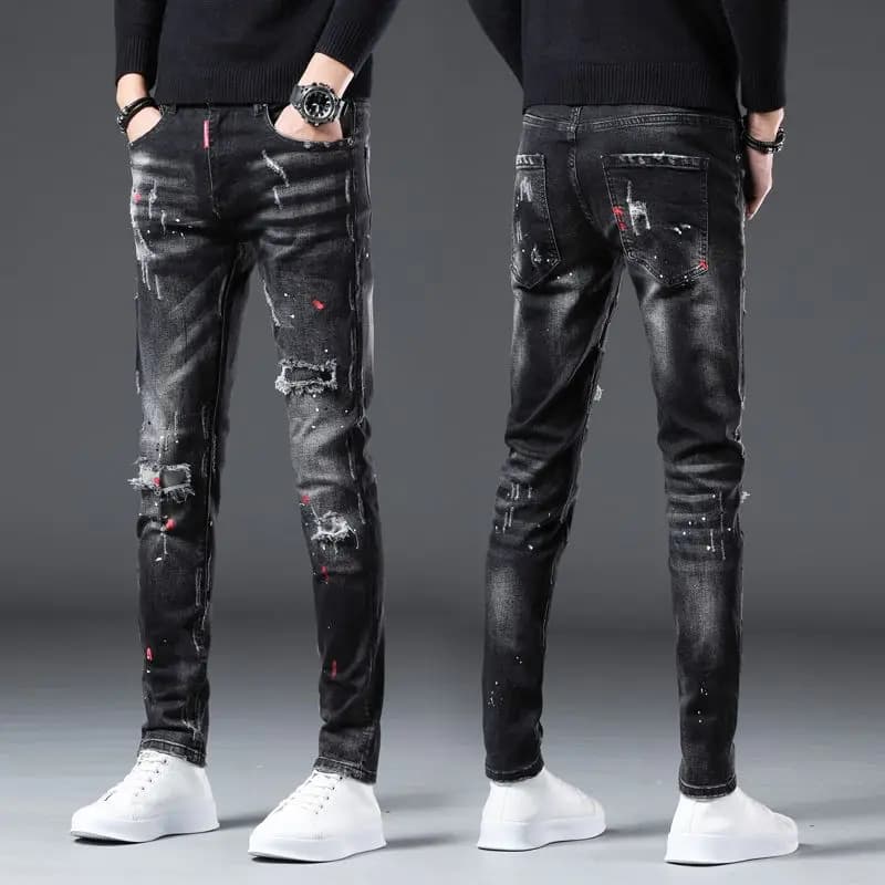 Nuovo arrivo primavera autunno jeans denim per uomo pantaloni strappati effetto consumato sottile vernice splatter design streetwear jeans slim di lusso