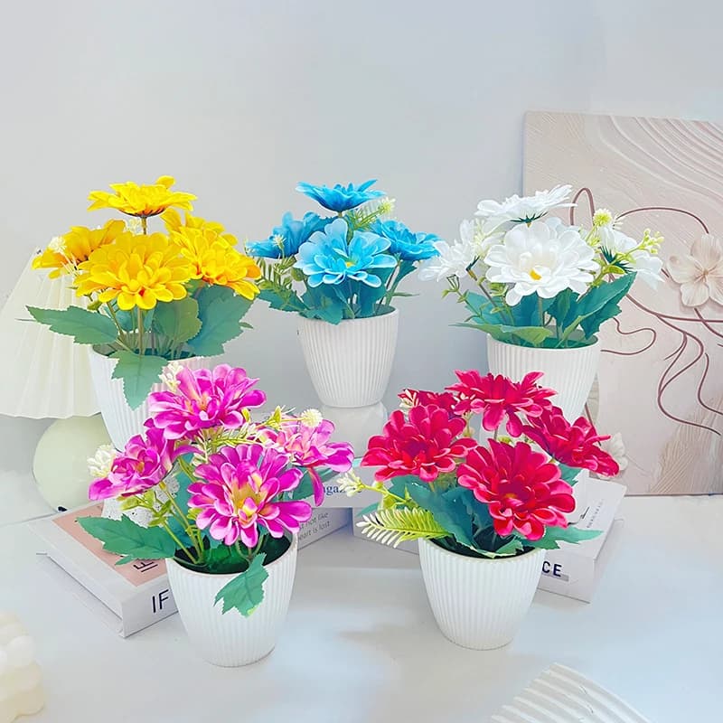5 piante di crisantemo artificiali in vaso per decorare la casa e il soggiorno, mini piante artificiali in vaso.