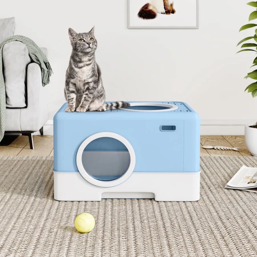 Lettiera per Gatti Grande e Chiusa, Design Inodore con Coperchio a Cassetto, Ingresso Frontale e Uscita Superiore per Facile Pulizia - Blu