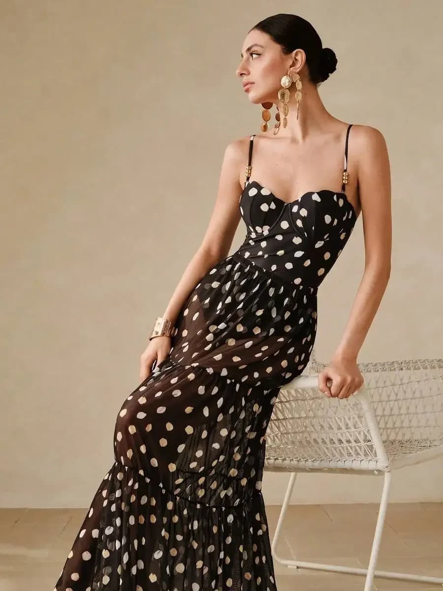 Black And White Polka Dot Spaghetti Strap Push-Up Underwire One-Piece Dress For Summer Vacation Beach
