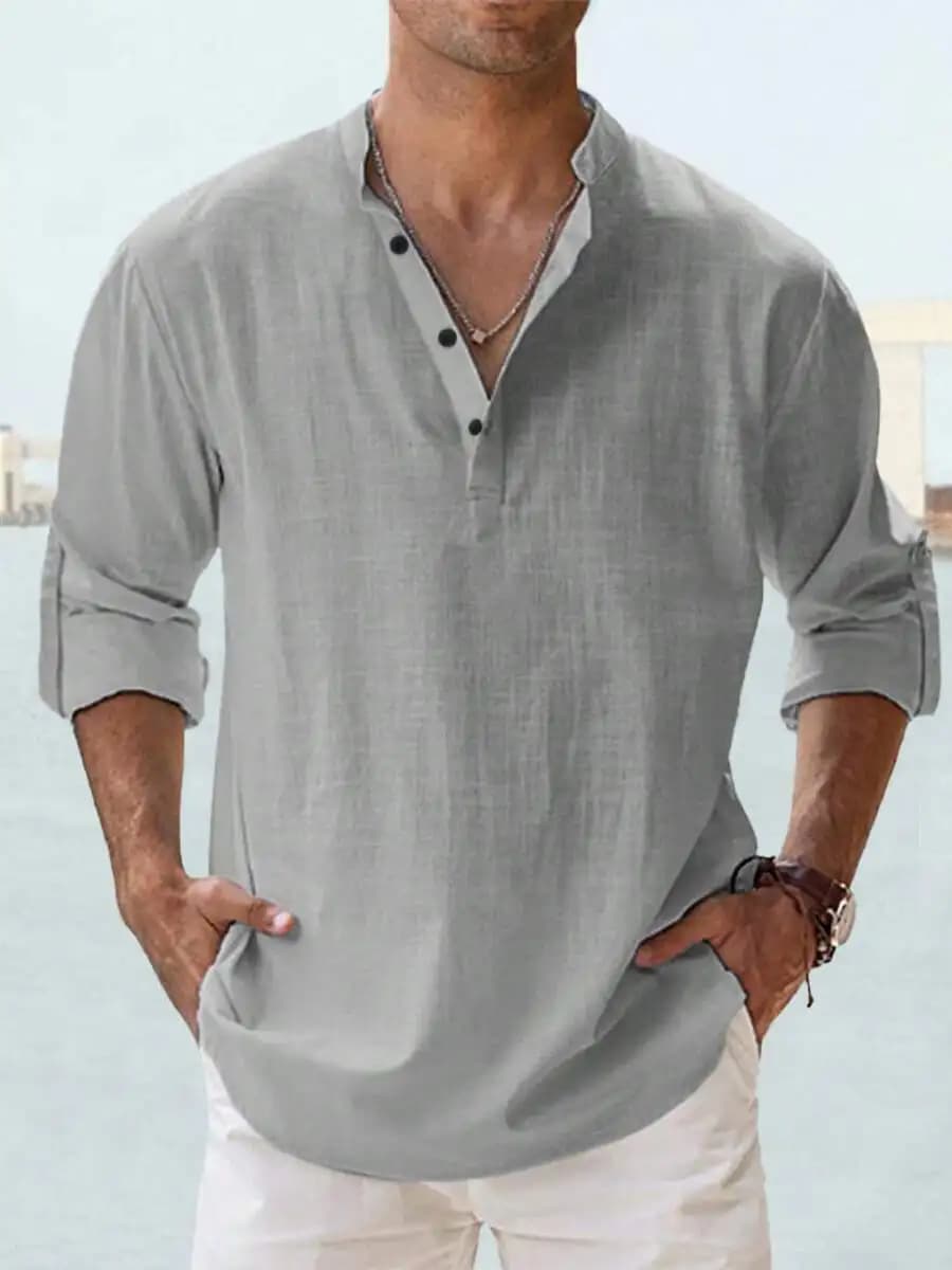 Mens Cotton Stand Collar Long Sleeve Loose Fit Casual Shirt