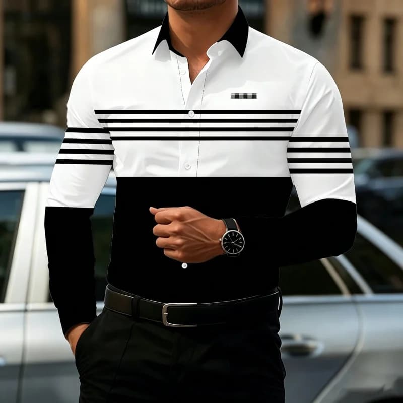2026 New Men's Contrasting Striped Shirt Street Style Black and White Striped Slim Fit Shirt Business Casual Formal Shirt XS-6XL