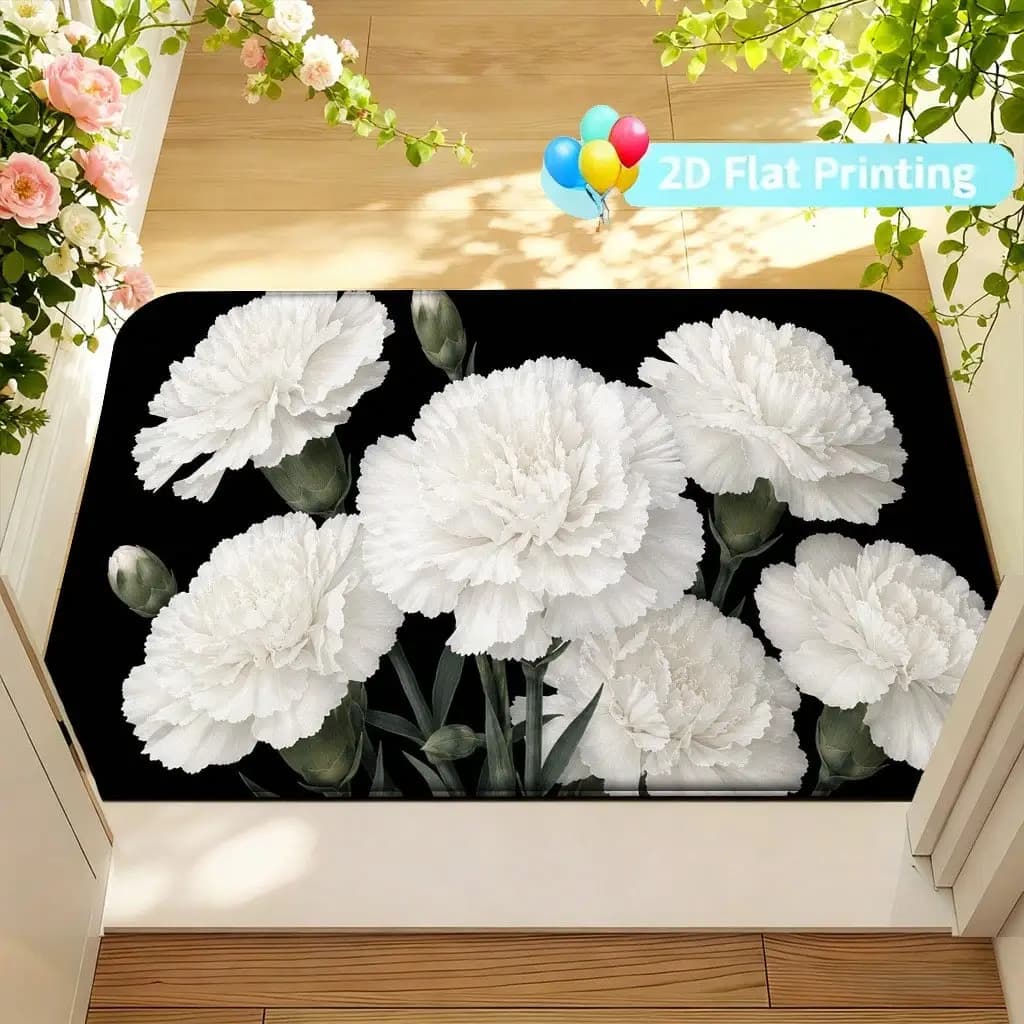 2D Flat Print, Elegant White Carnation Pattern Printed Doormat, Soft Flannel Welcome, Non-Slip, Washable, Foldable, Suitable Use In Bathrooms, Kitchens, Living Rooms, Bedrooms, And Doorways, Seasonal Decor JOLA