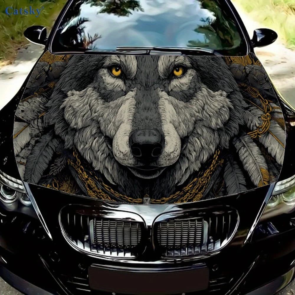 Golden Dream Catcher and Grey Wolf Car Hood Sticker, Personalized & Trendy Auto Art Decal, Self-adhesive Waterproof Car Exterior