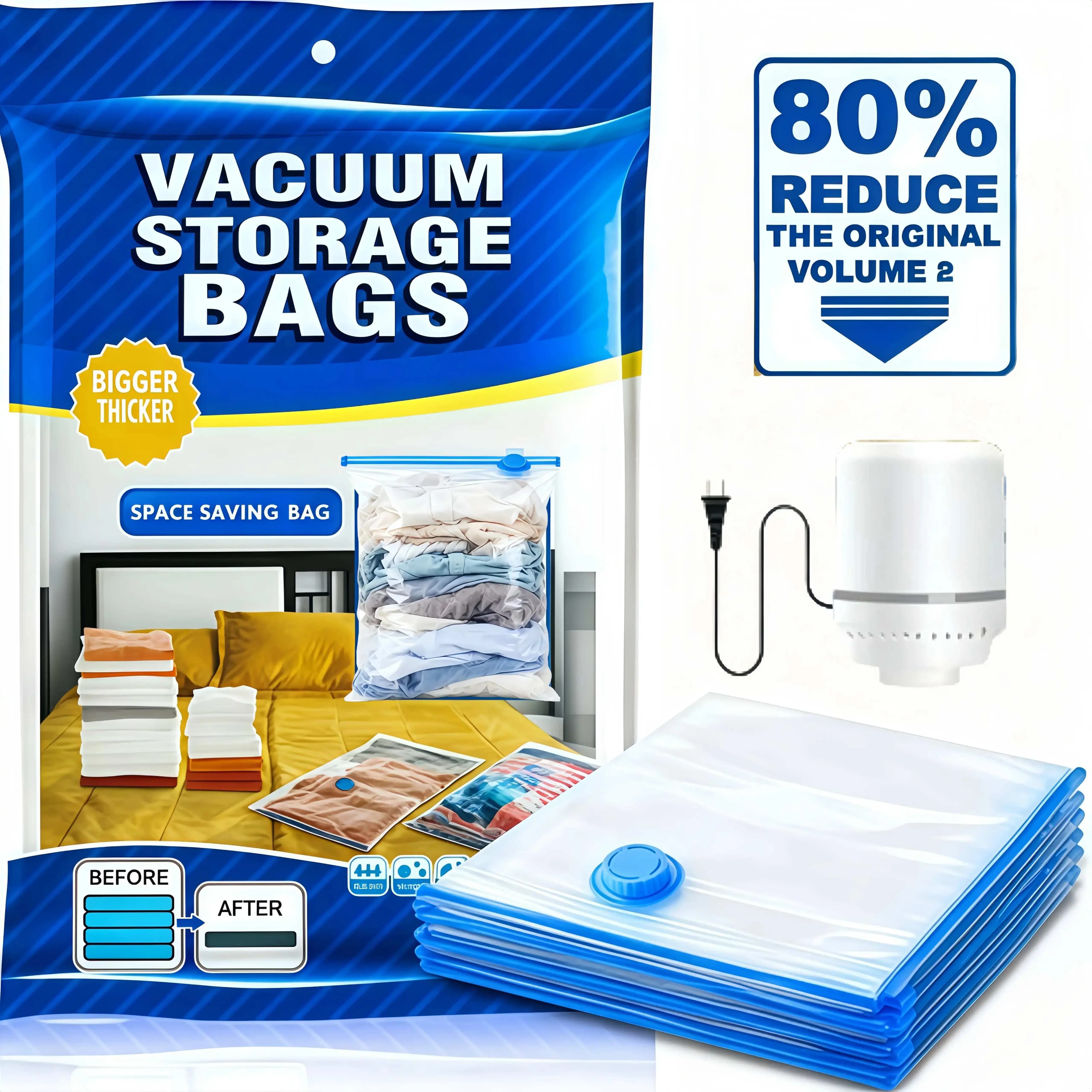 Vacuum Storage Bags with Electric Pump Thick Reusable Space Saver Compression Seal Bags for Clothes Blankets Bedding Comforters Pillows Travel Luggage Waterproof Wardrobe Closet Organizer