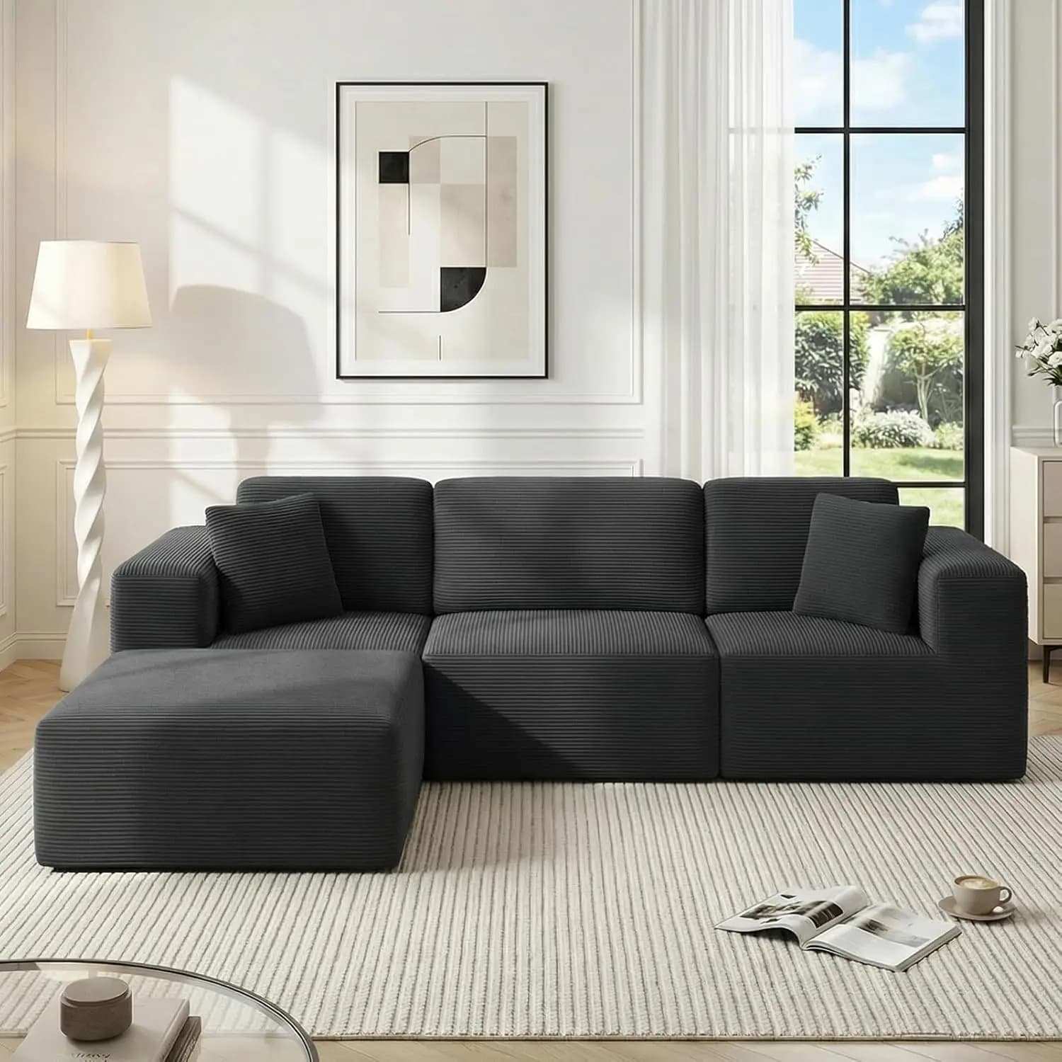 Divano Sezionale Cloud da 107 Pollici con Pouf, Divano a L Senza Struttura con Seduta Profonda, Divano Modulare a 3 Posti in Corduroy - Personalizzabile
